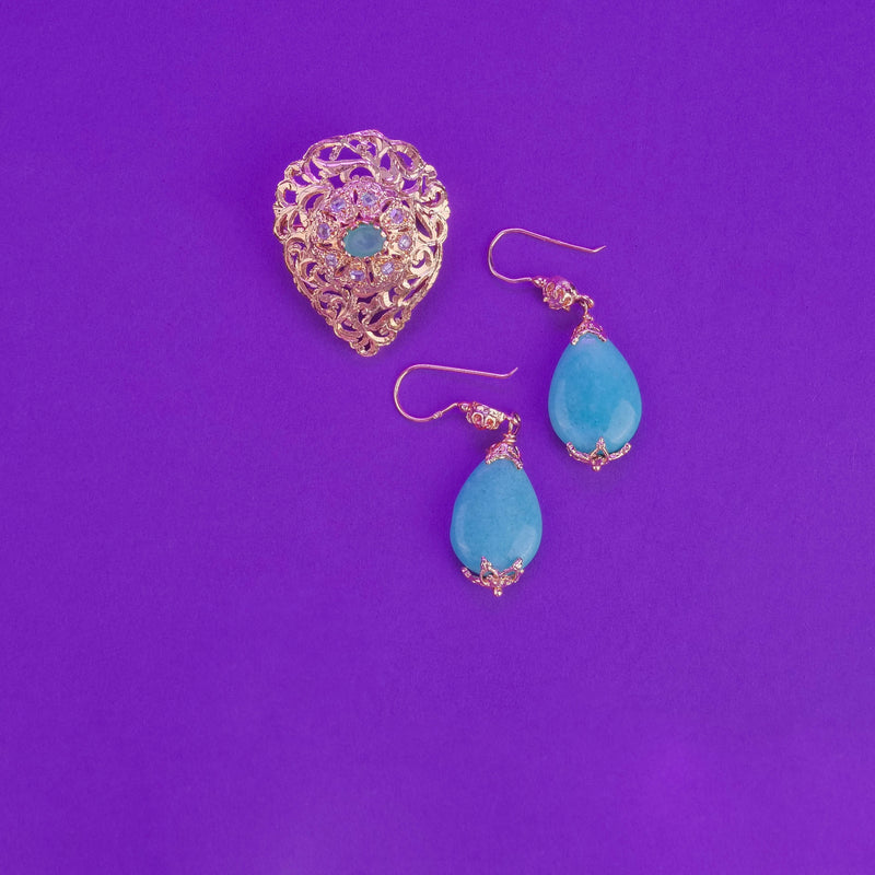 boucles d'oreilles de turquoise polie, en argent plaqué or