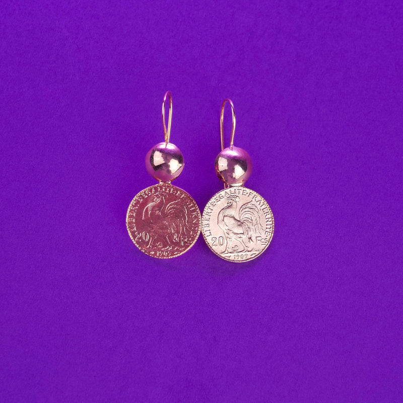 boucles d'oreilles louis du coq, modèle beldi en argent plaqué or